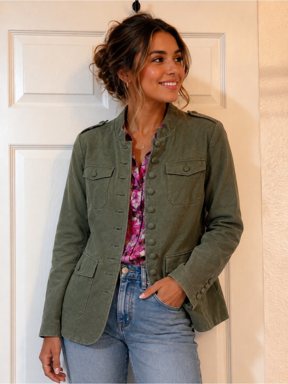 Vintage twiggy LONDON Olive Military-Style Button Front Blazer EUC